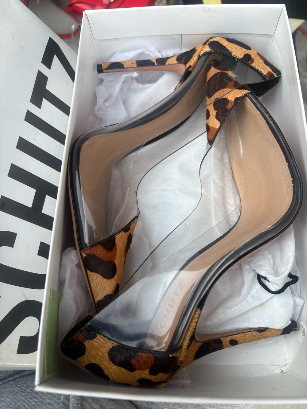 SCHUTZ Leopard-Print Pointed Toe Clear Panel animal hair heels - Picture 10 of 10